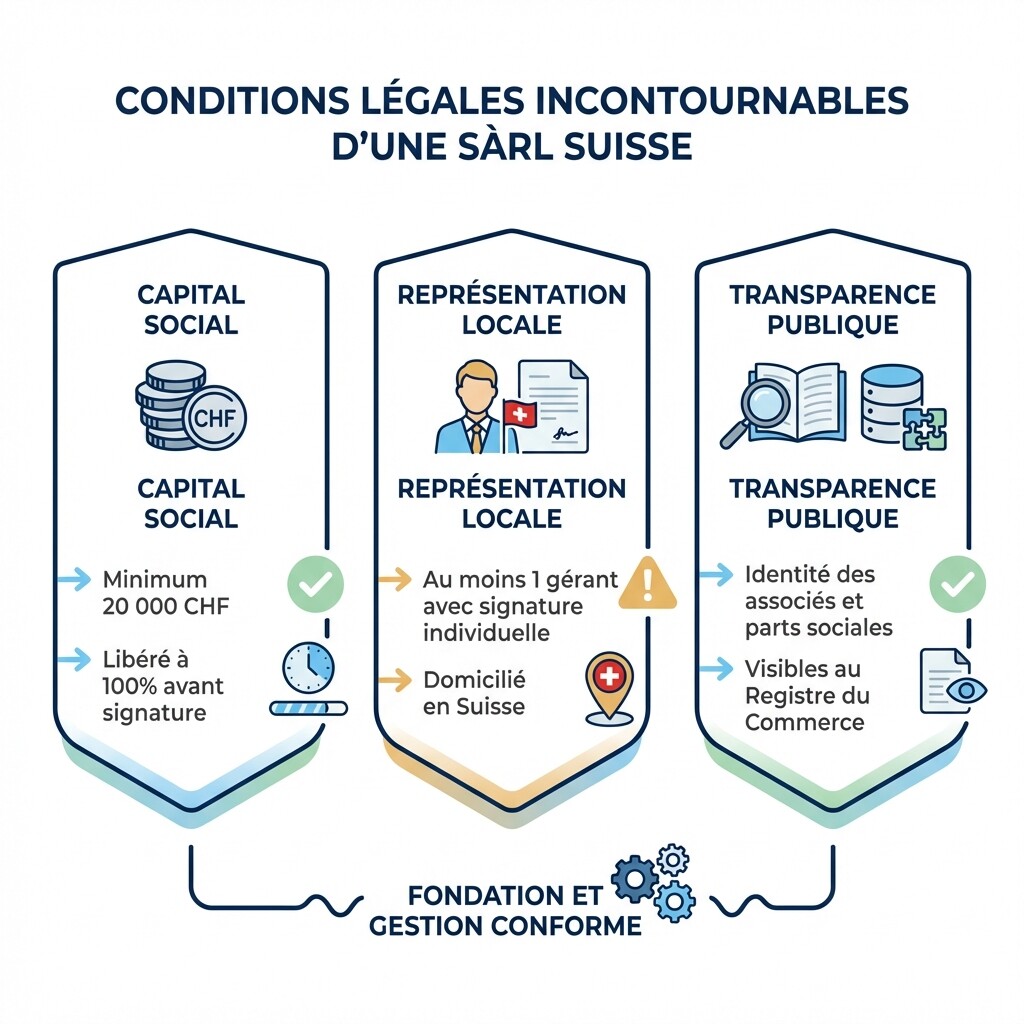 Schéma des 3 exigences légales clés pour fonder une Sàrl en Suisse
