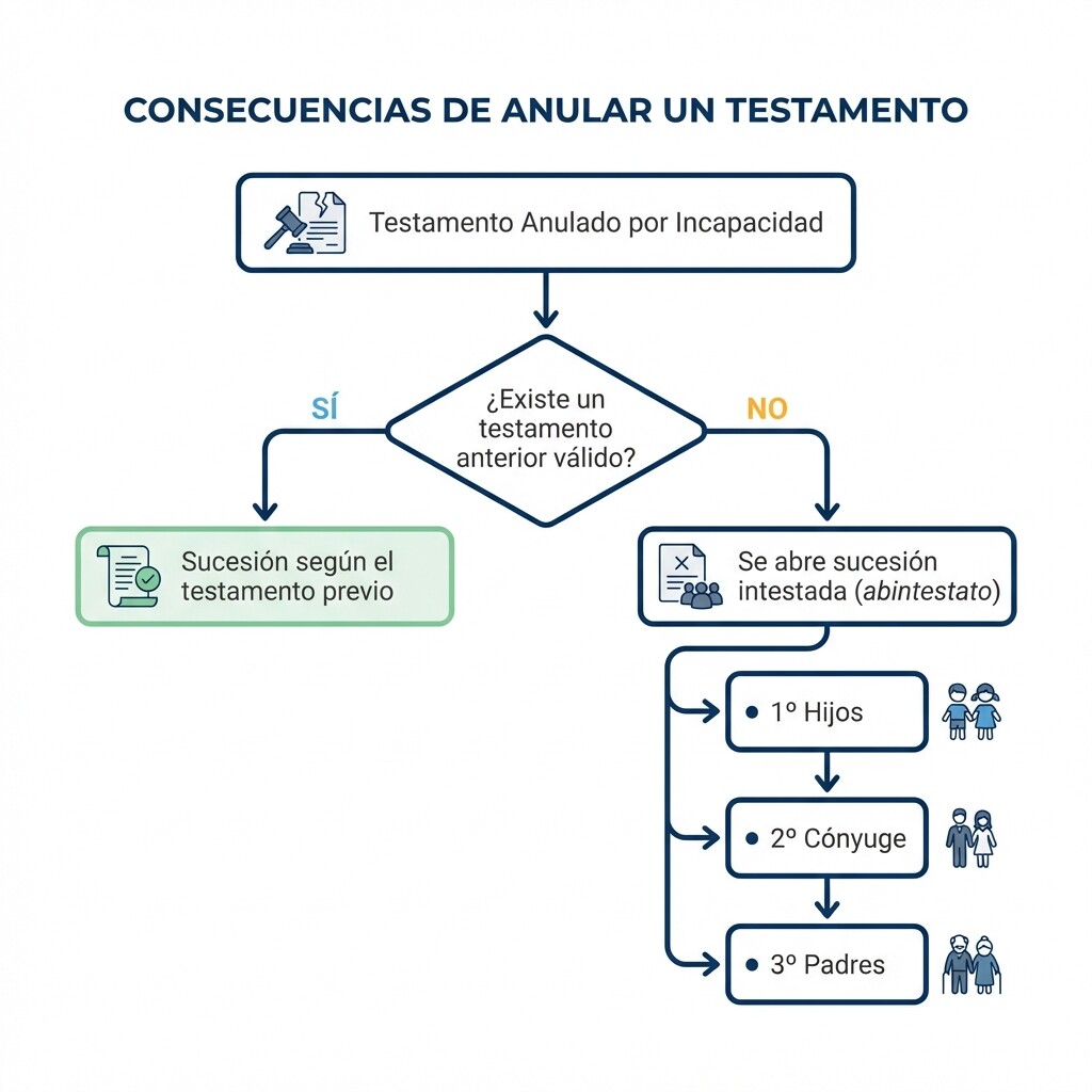 Diagrama de flujo que explica qué ocurre con la herencia cuando se anula un testamento por incapacidad.