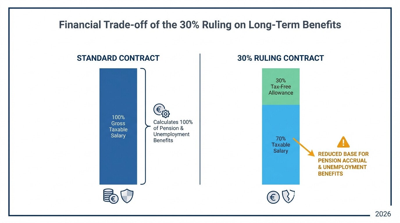 Stacked bar chart showing how the 30 percent ruling reduces taxable salary and the pension base