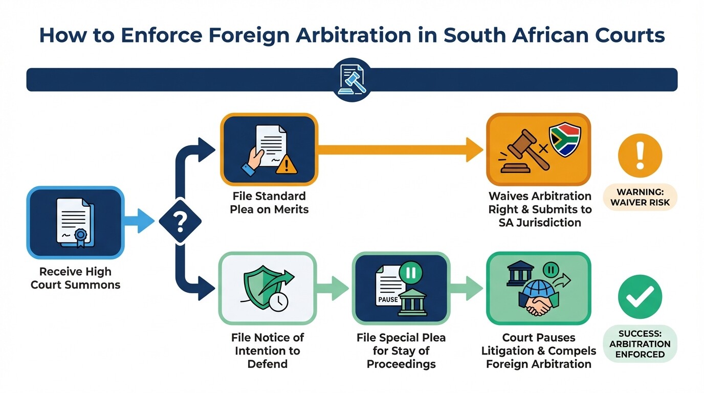 Flowchart showing the correct legal procedure to enforce a foreign arbitration clause in South Africa