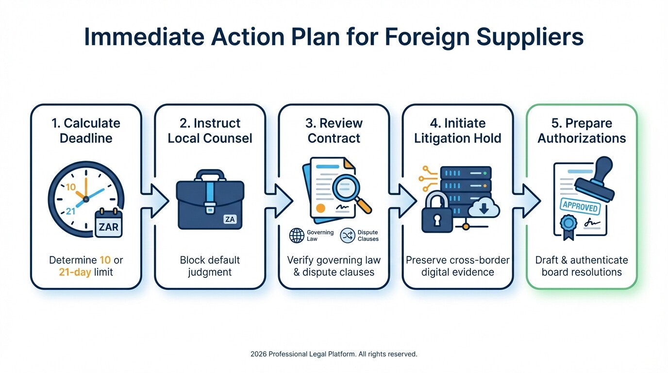 5-step infographic detailing the immediate action plan for foreign suppliers facing litigation in South Africa