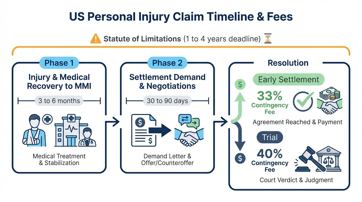 Timeline of a US personal injury claim showing recovery, negotiation, and contingency fees
