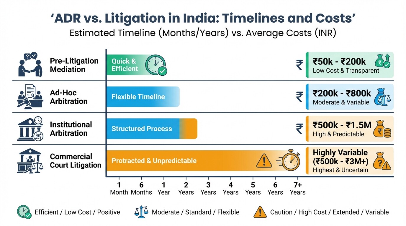 Chart comparing the timelines and financial costs of ADR methods versus civil litigation in India