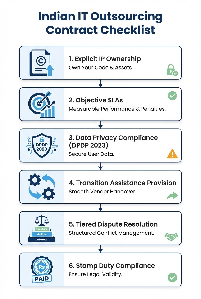 Infographic showing six crucial checklist items for drafting Indian IT vendor contracts