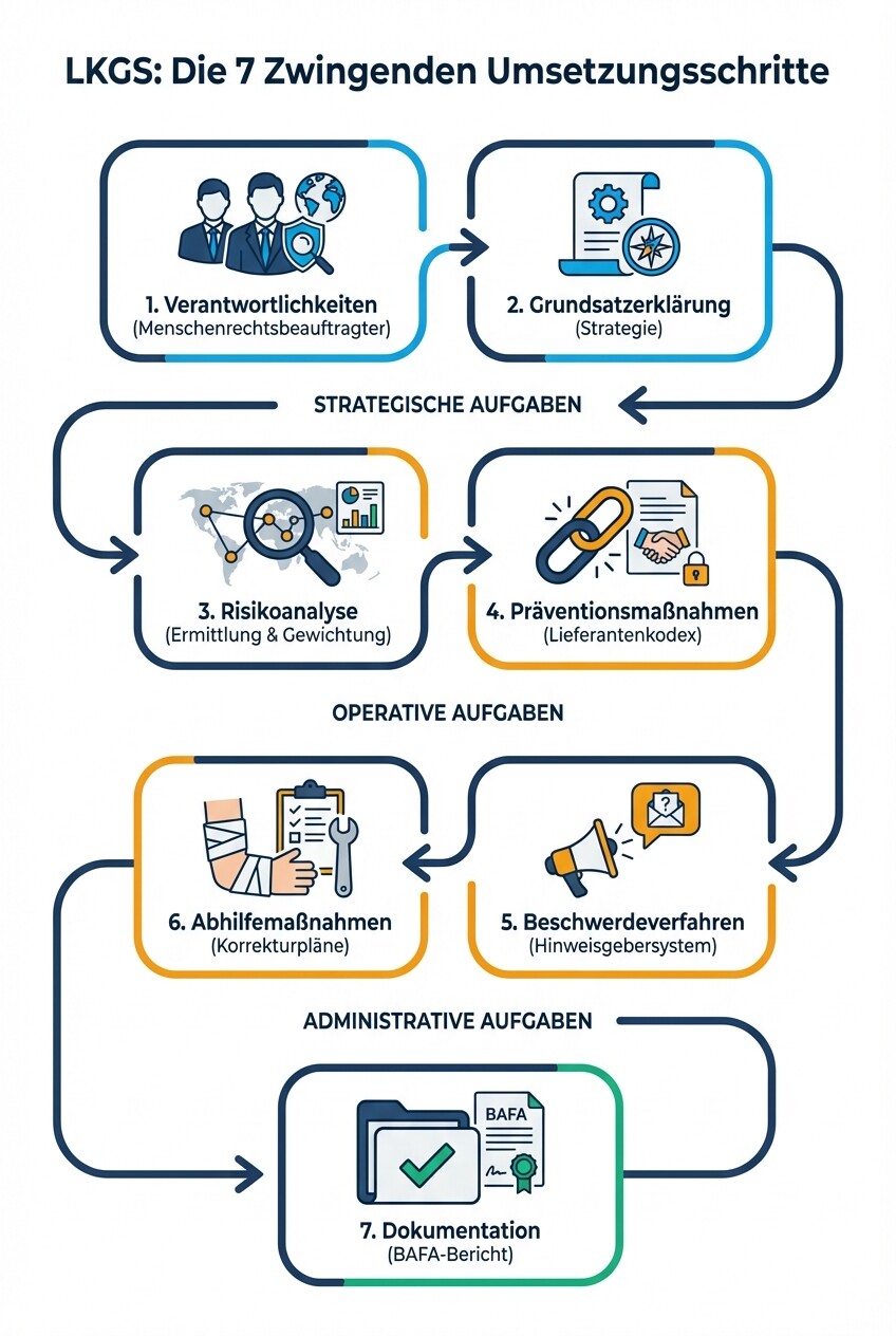 Infografik der 7 Umsetzungsschritte für das Lieferkettengesetz