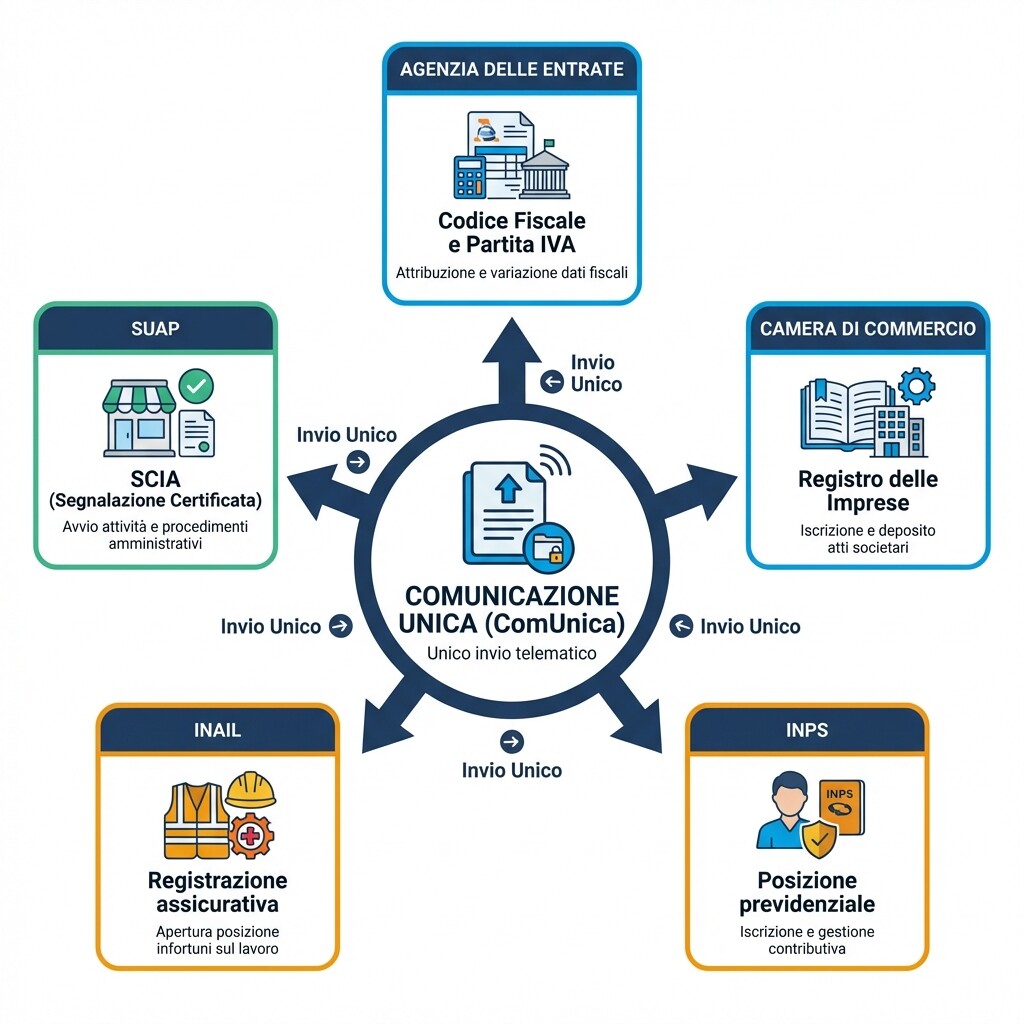 Diagramma del funzionamento della Comunicazione Unica e gli enti coinvolti