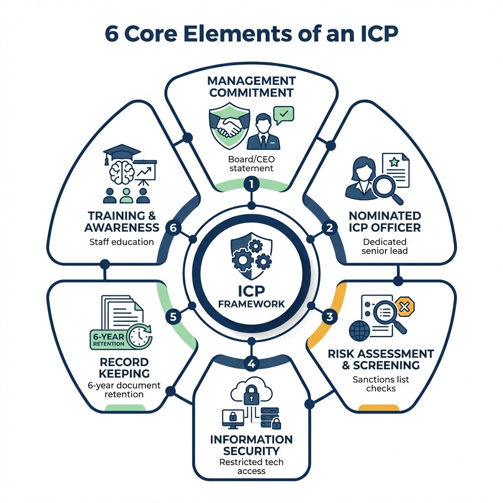 Infographic showing the 6 core elements of an Internal Compliance Program under Malaysia's STA