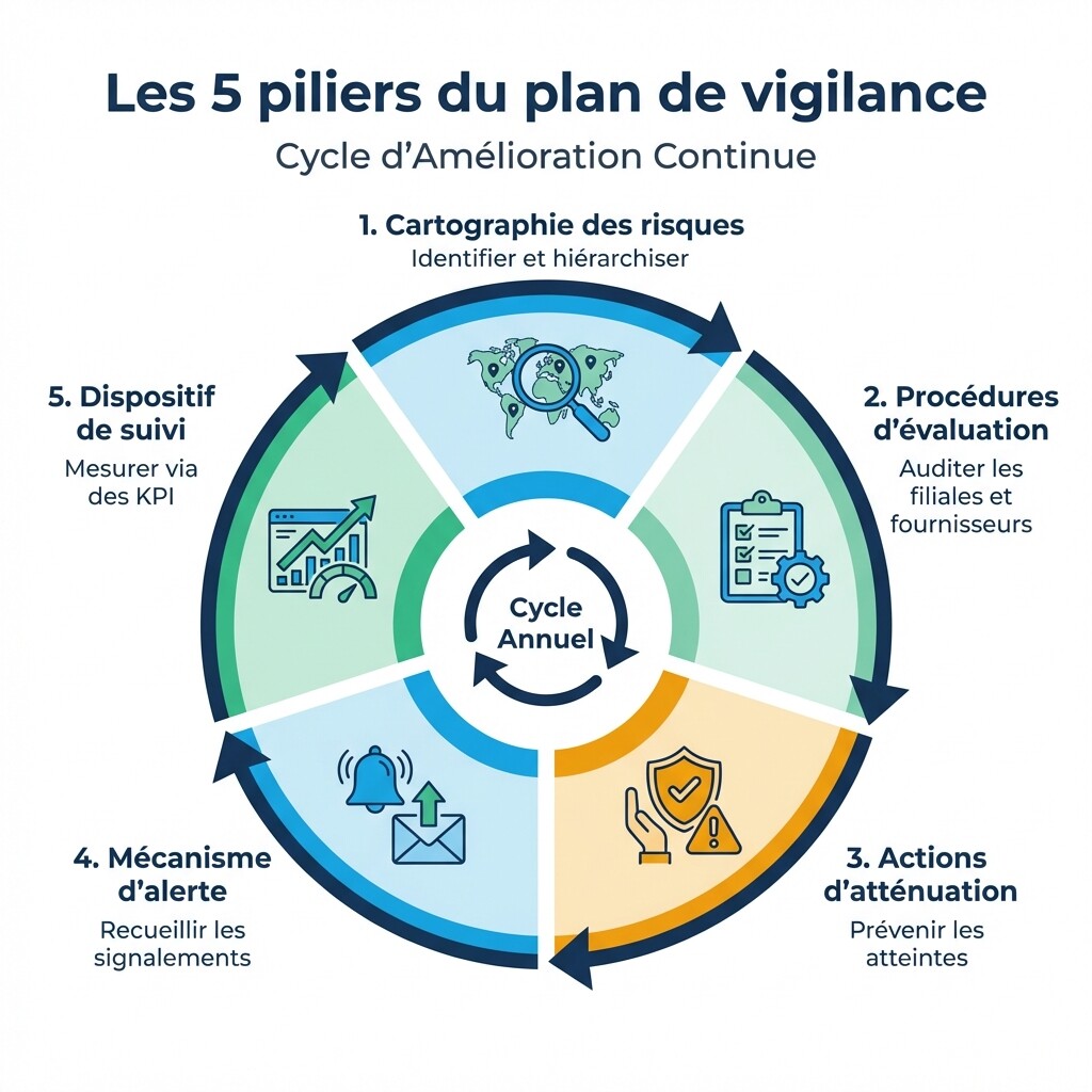 Infographie des 5 éléments obligatoires du plan de vigilance