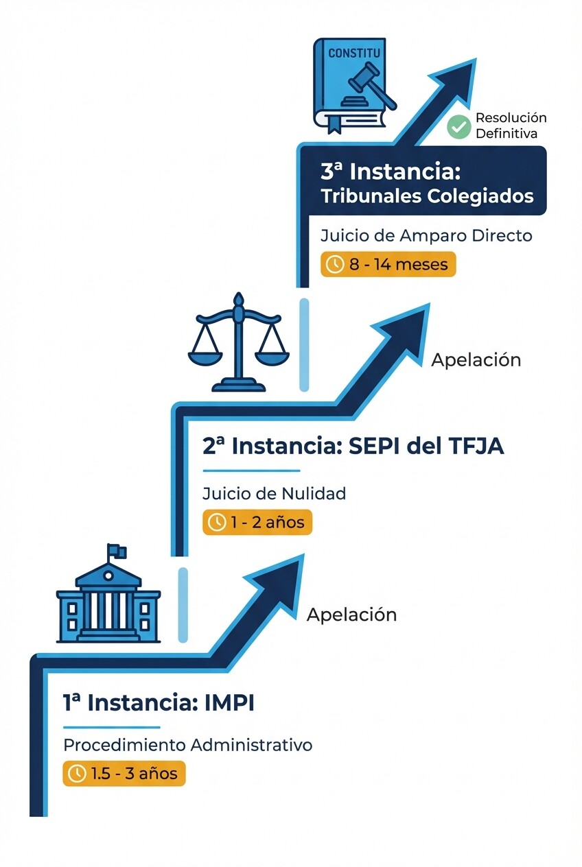 Diagrama escalonado de las tres instancias de apelación en litigios de patentes en México