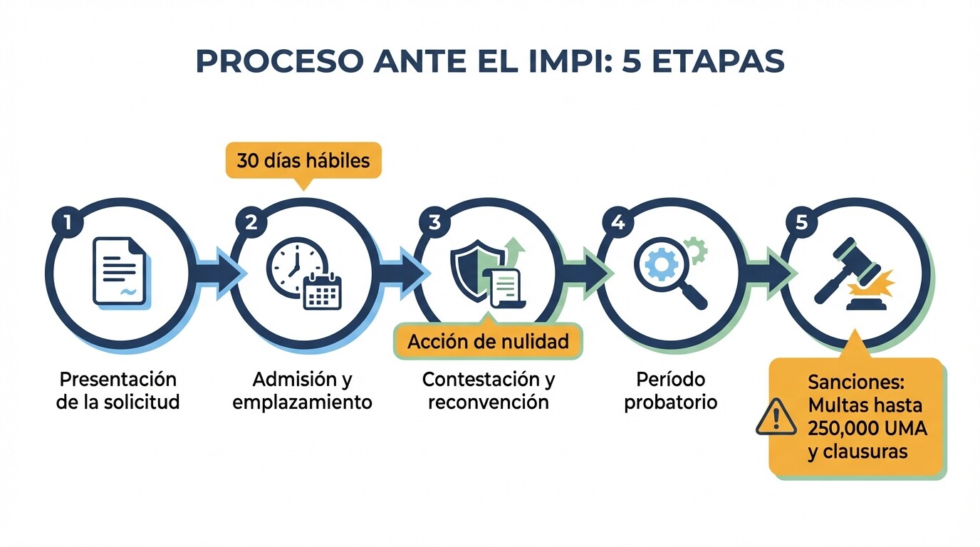 Línea de tiempo con las 5 etapas del procedimiento administrativo de infracción ante el IMPI