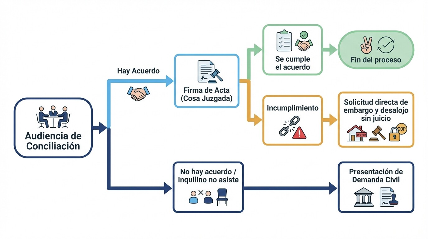 Diagrama de flujo de los resultados de la conciliación extrajudicial por arrendamiento