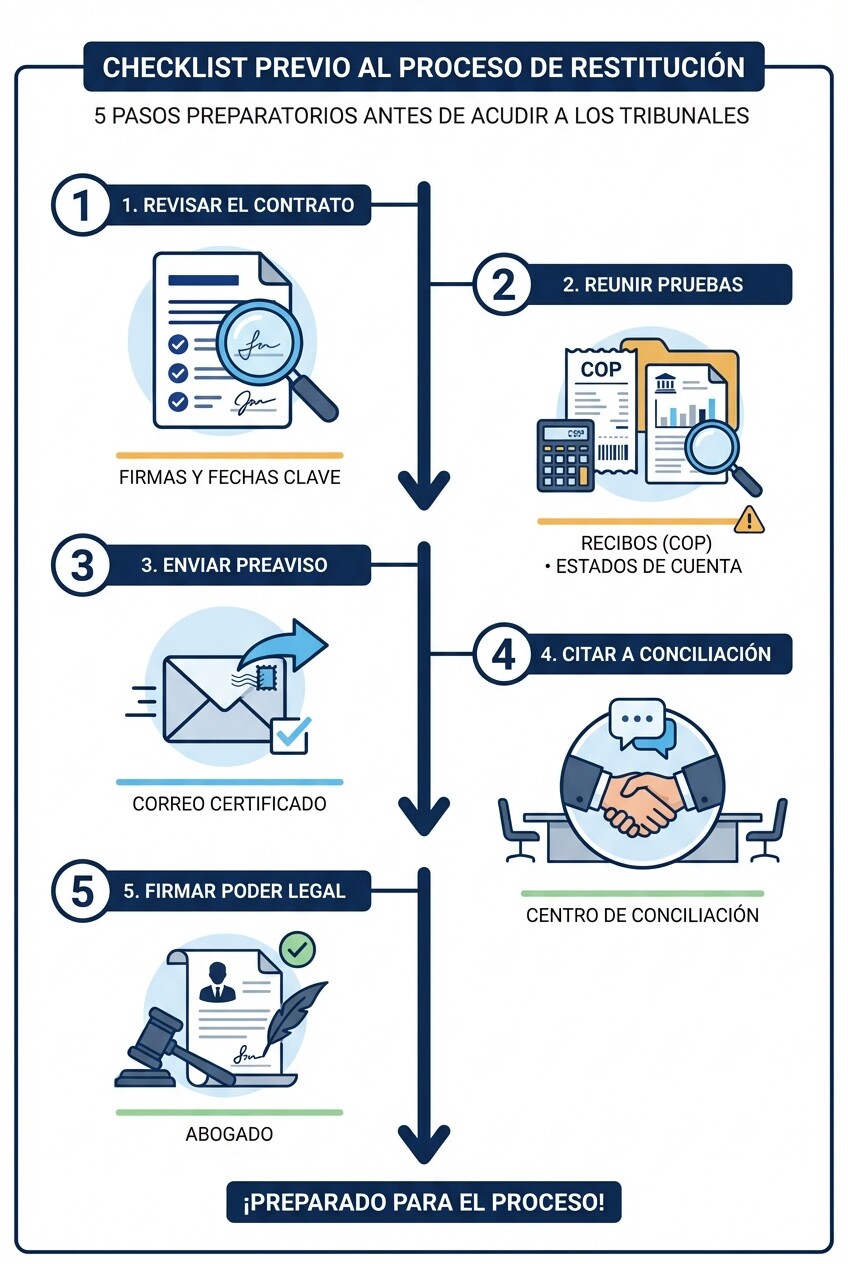 Infografía de los 5 pasos previos para iniciar un proceso de restitución de inmueble en Colombia