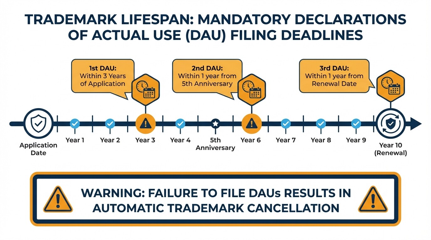 Timeline showing the three mandatory DAU filing deadlines for Philippine trademarks
