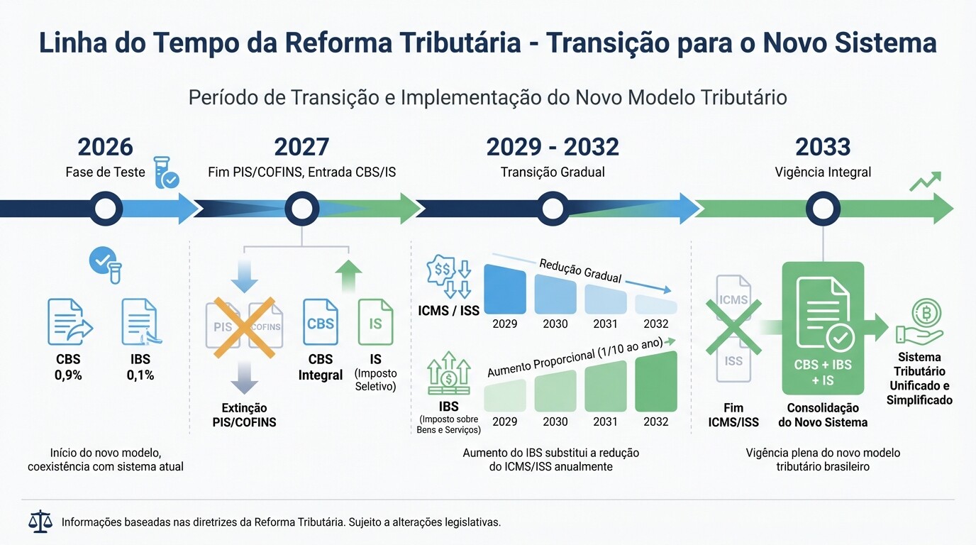 Linha do tempo do cronograma de transição da Reforma Tributária de 2026 a 2033