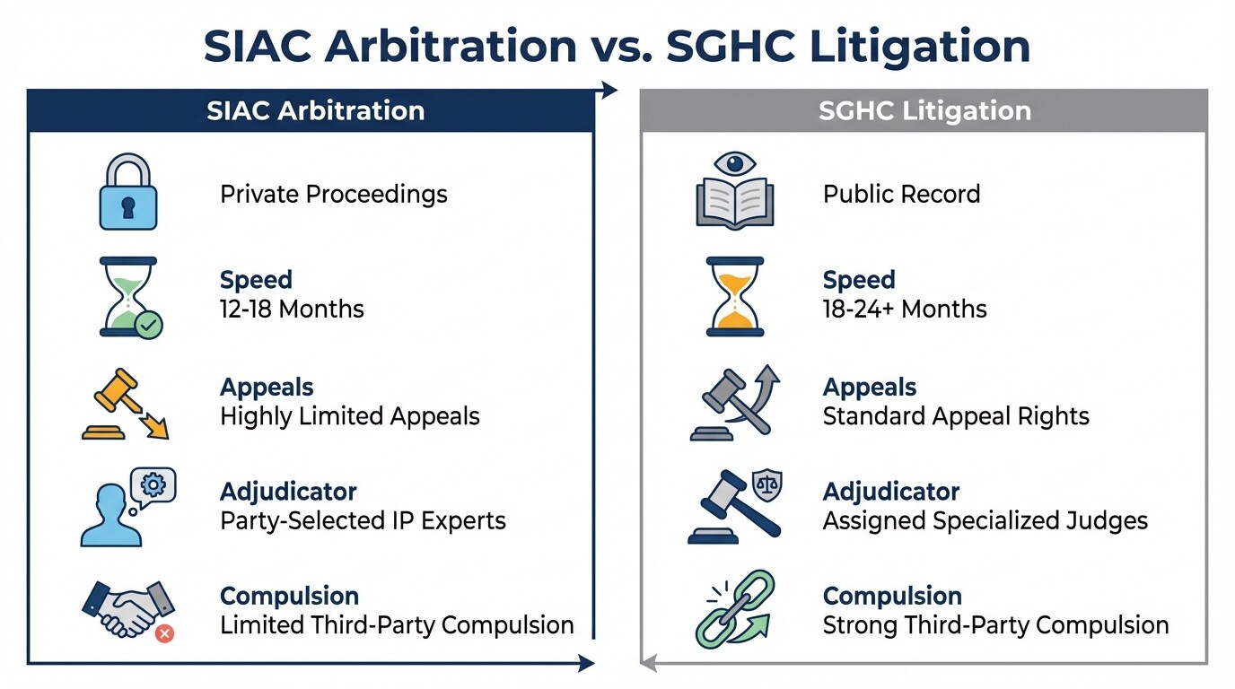 Comparison chart of SIAC arbitration and Singapore High Court litigation features for IP disputes