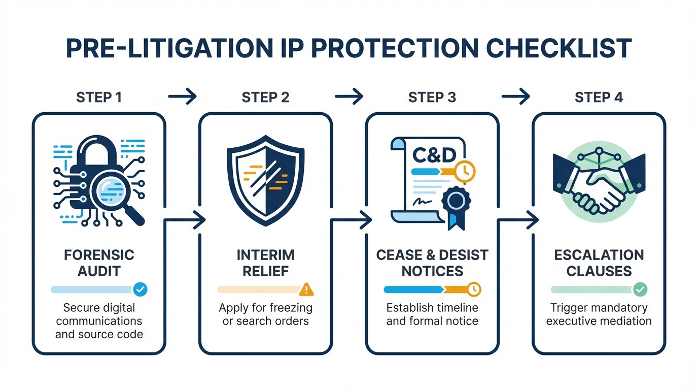 4-step pre-litigation strategy timeline to protect intellectual property patents and trademarks