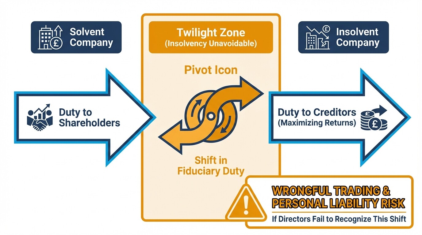 Diagram showing the shift of director fiduciary duties from shareholders to creditors during insolvency