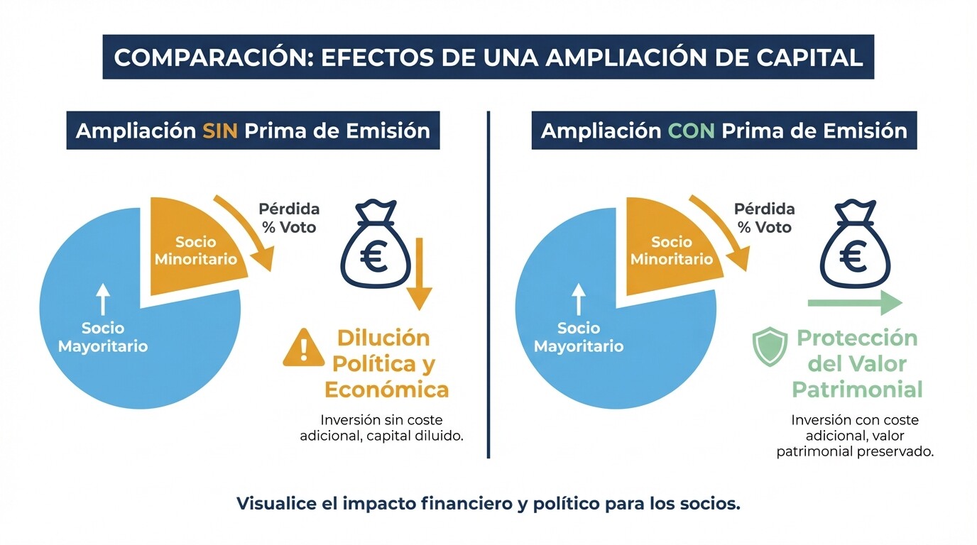 Comparativa visual de cómo la prima de emisión protege el valor económico del socio minoritario