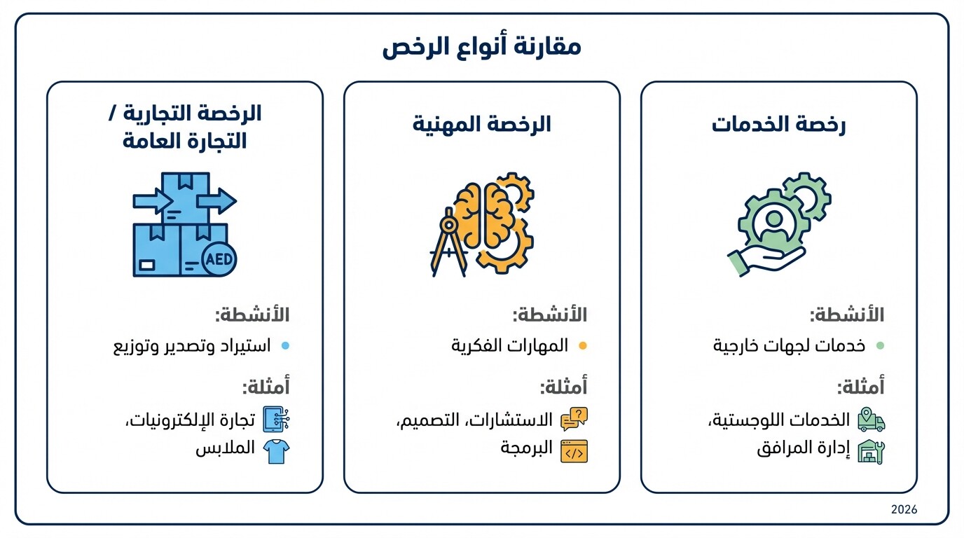 مقارنة بين الرخص التجارية والمهنية والخدمية في المناطق الحرة
