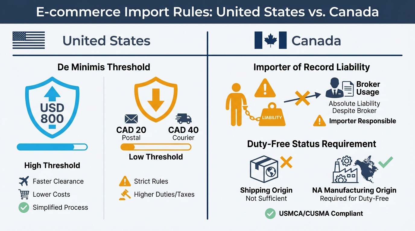 Comparison chart showing differences between US and Canadian e-commerce import regulations
