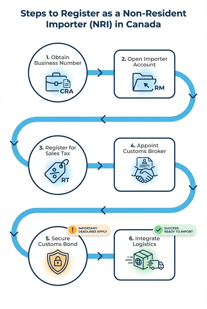 6-step process timeline for registering as a Non-Resident Importer in Canada