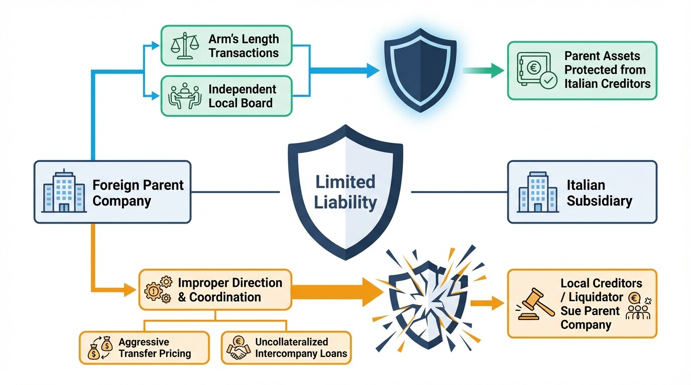 Diagram showing how improper direction and coordination pierces the corporate veil in Italy
