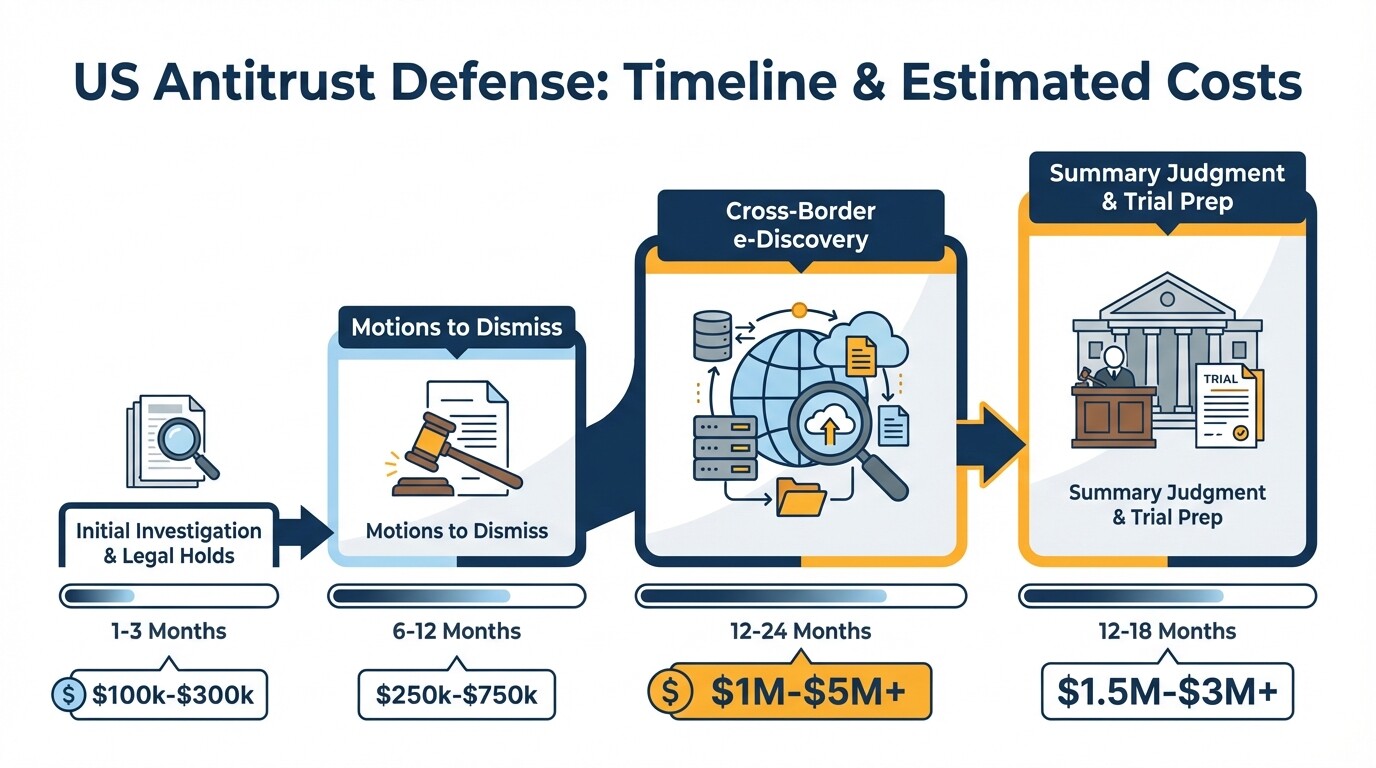 Timeline showing the four phases of US antitrust litigation, expected durations, and escalating legal costs