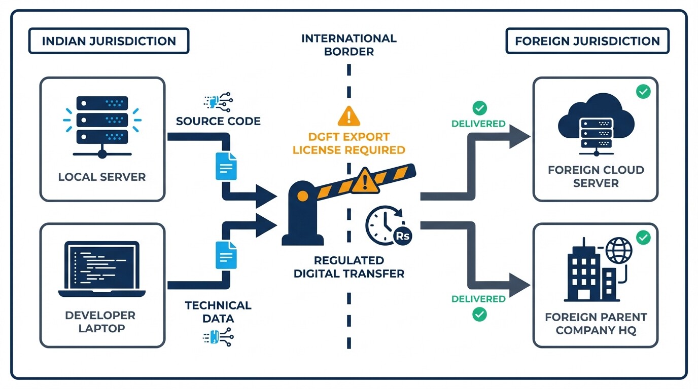 Diagram showing how uploading restricted software to foreign servers triggers ITT export controls