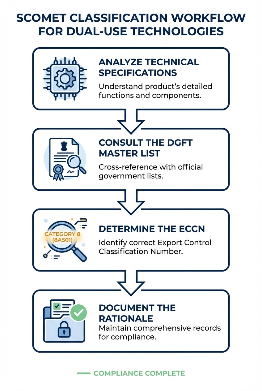4-step process infographic for classifying SCOMET dual-use tech and software