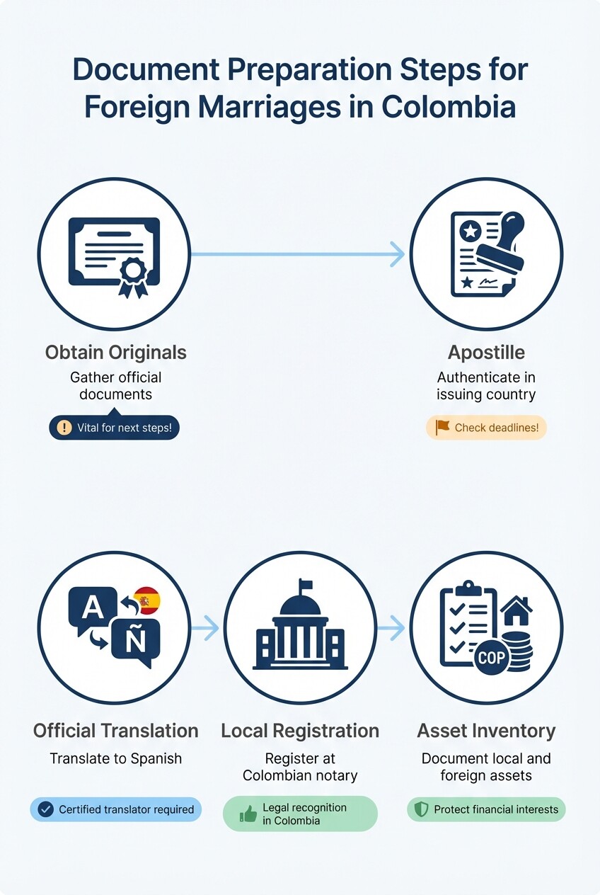 5-step process infographic for preparing foreign marriage documents for a Colombian divorce