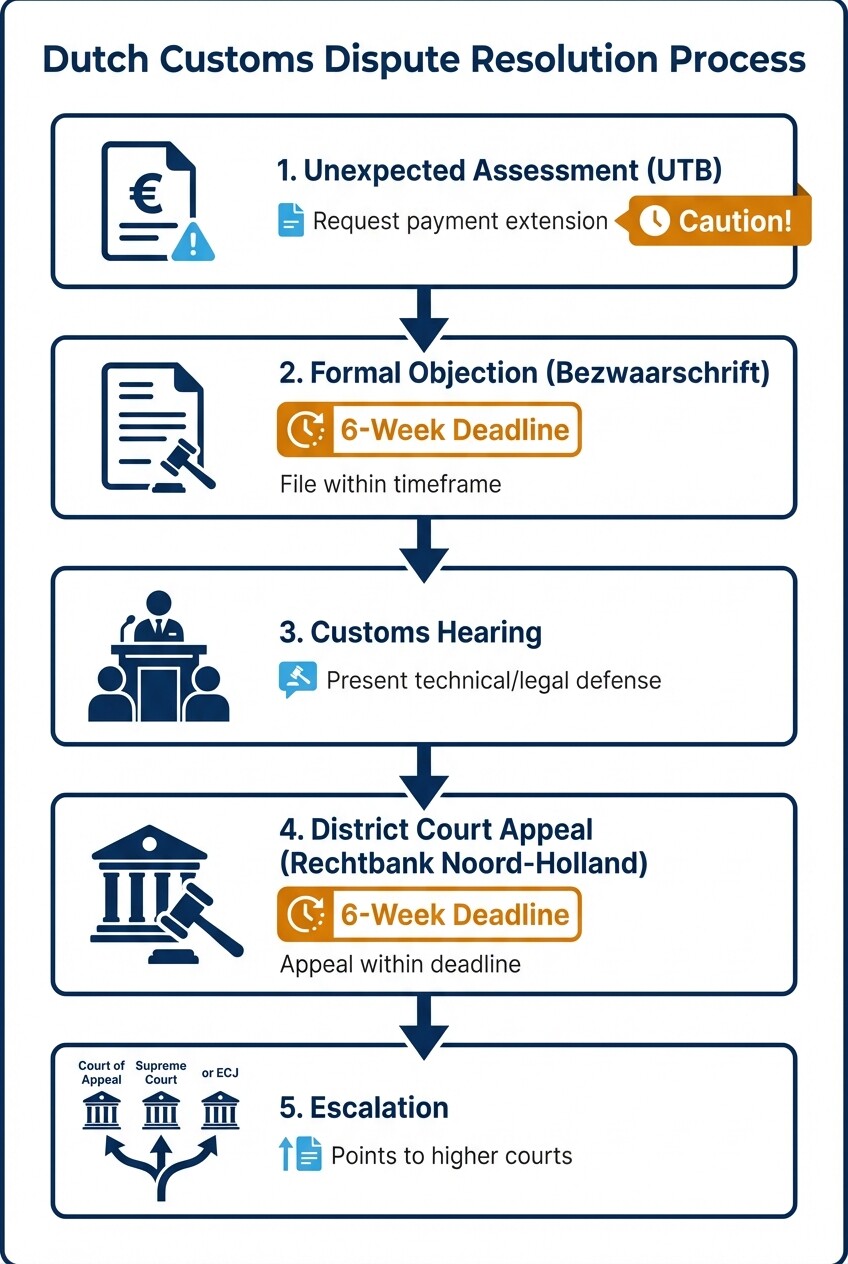 5-step flowchart showing the timeline and deadlines for resolving disputes with the Dutch Customs Administration