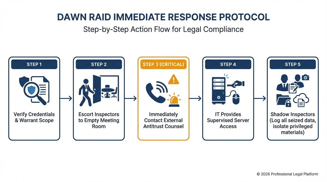 Process flowchart detailing the immediate response protocol during an antitrust dawn raid