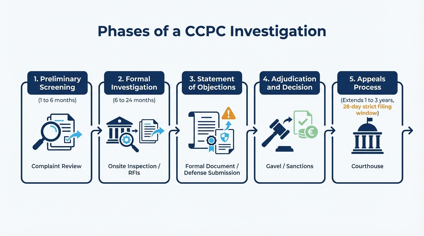 Timeline infographic showing the 5 phases of an Irish CCPC antitrust investigation and duration