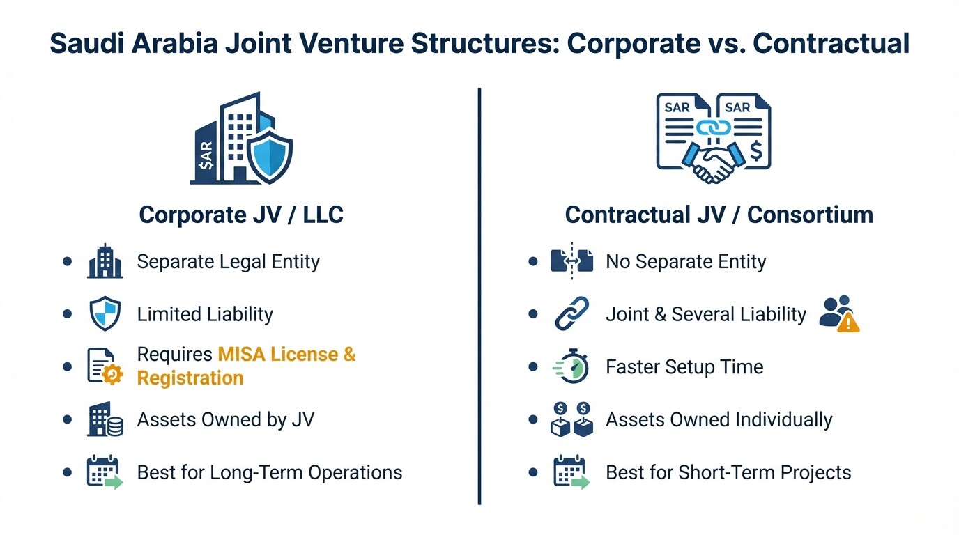 Comparison chart detailing differences between Corporate and Contractual Joint Ventures in Saudi Arabia