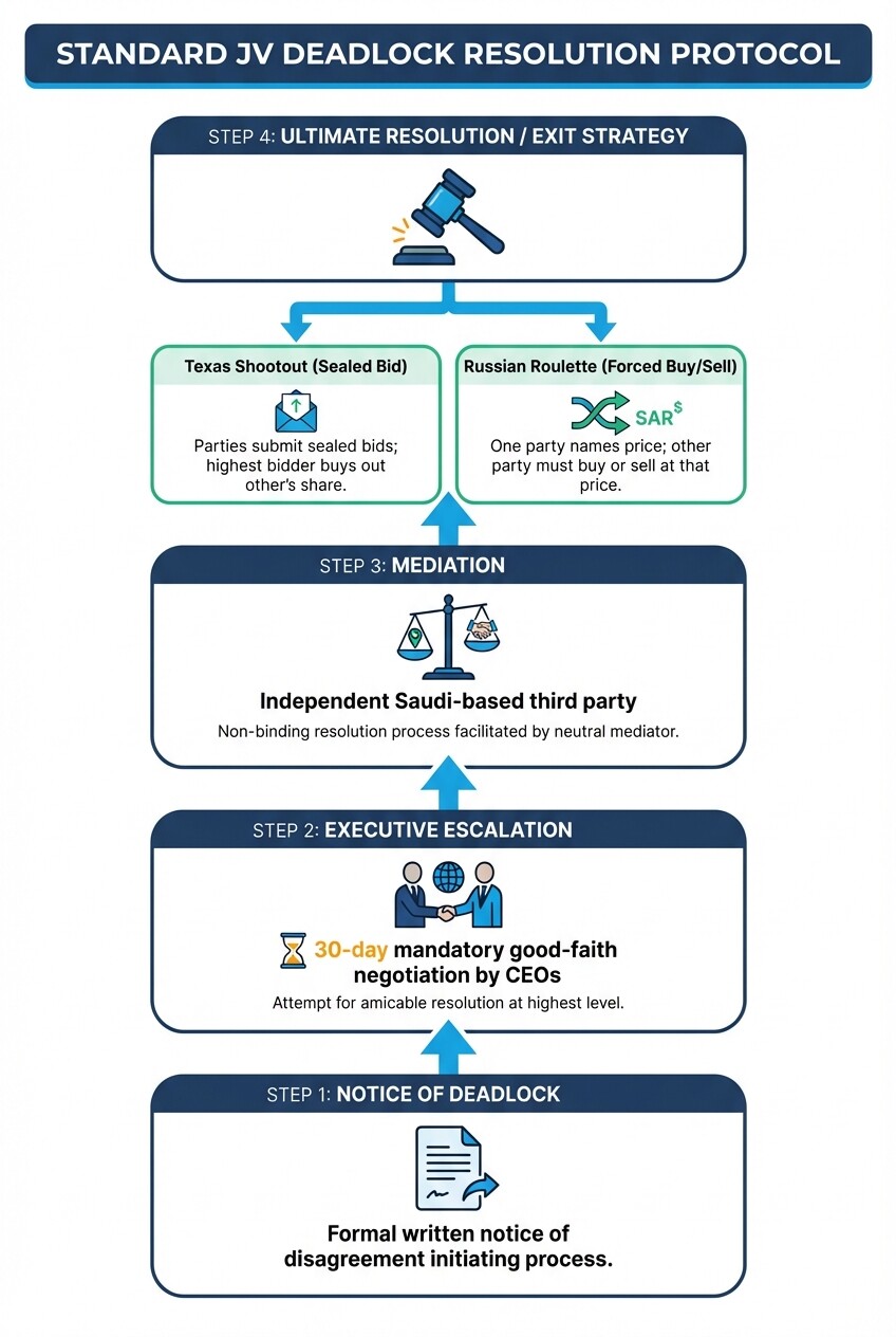 Four-step escalation process for resolving joint venture deadlocks from notice to forced exit