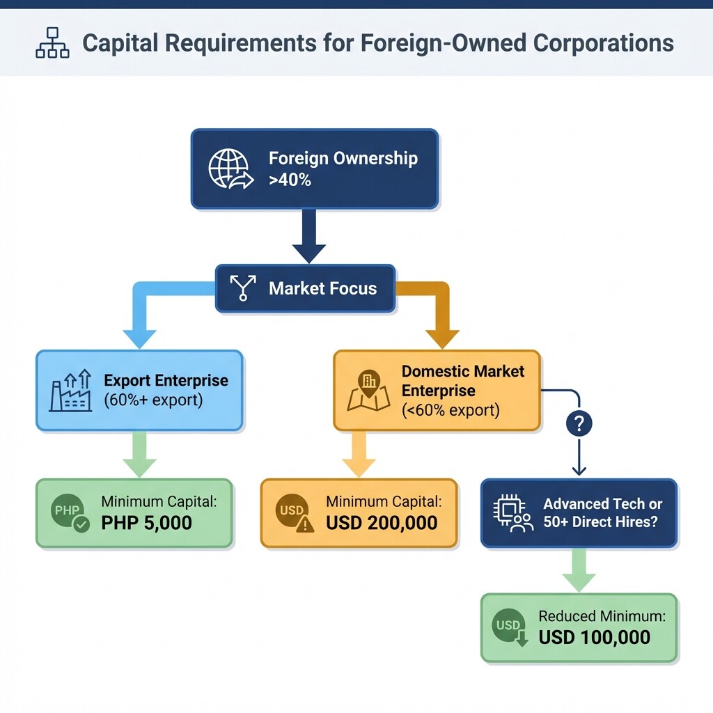 Flowchart of capital requirements for foreign-owned corporations in the Philippines based on export volume