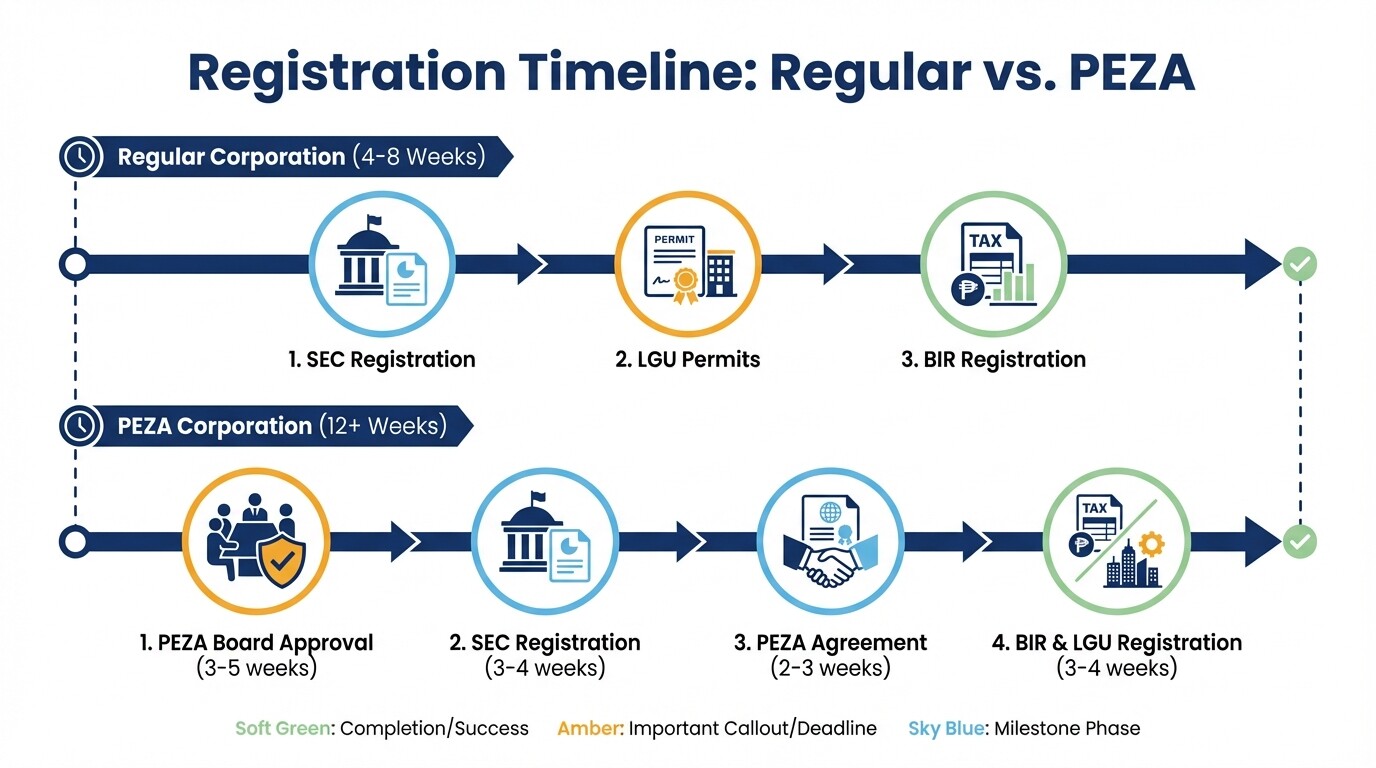 Timeline comparison of regular SEC registration versus PEZA registration processes and milestones