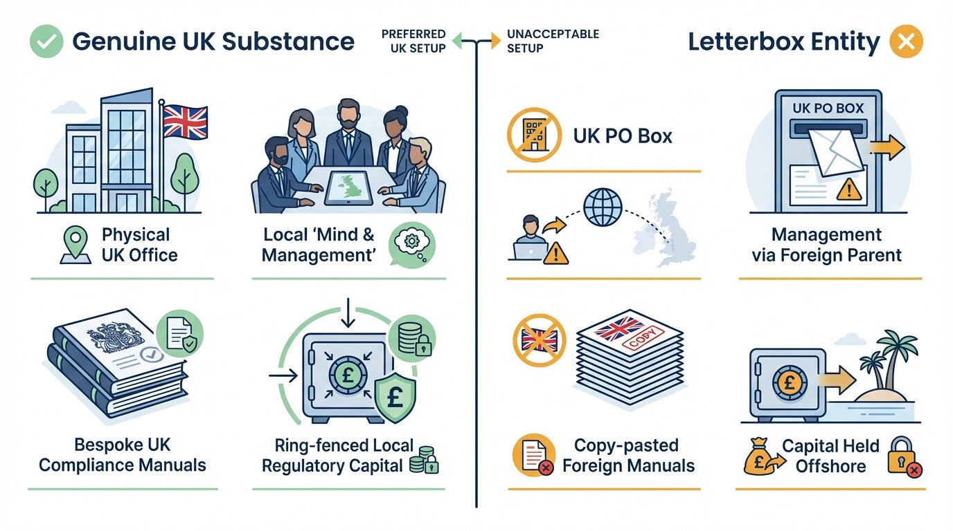 Comparison diagram of acceptable UK substance vs unacceptable letterbox entities