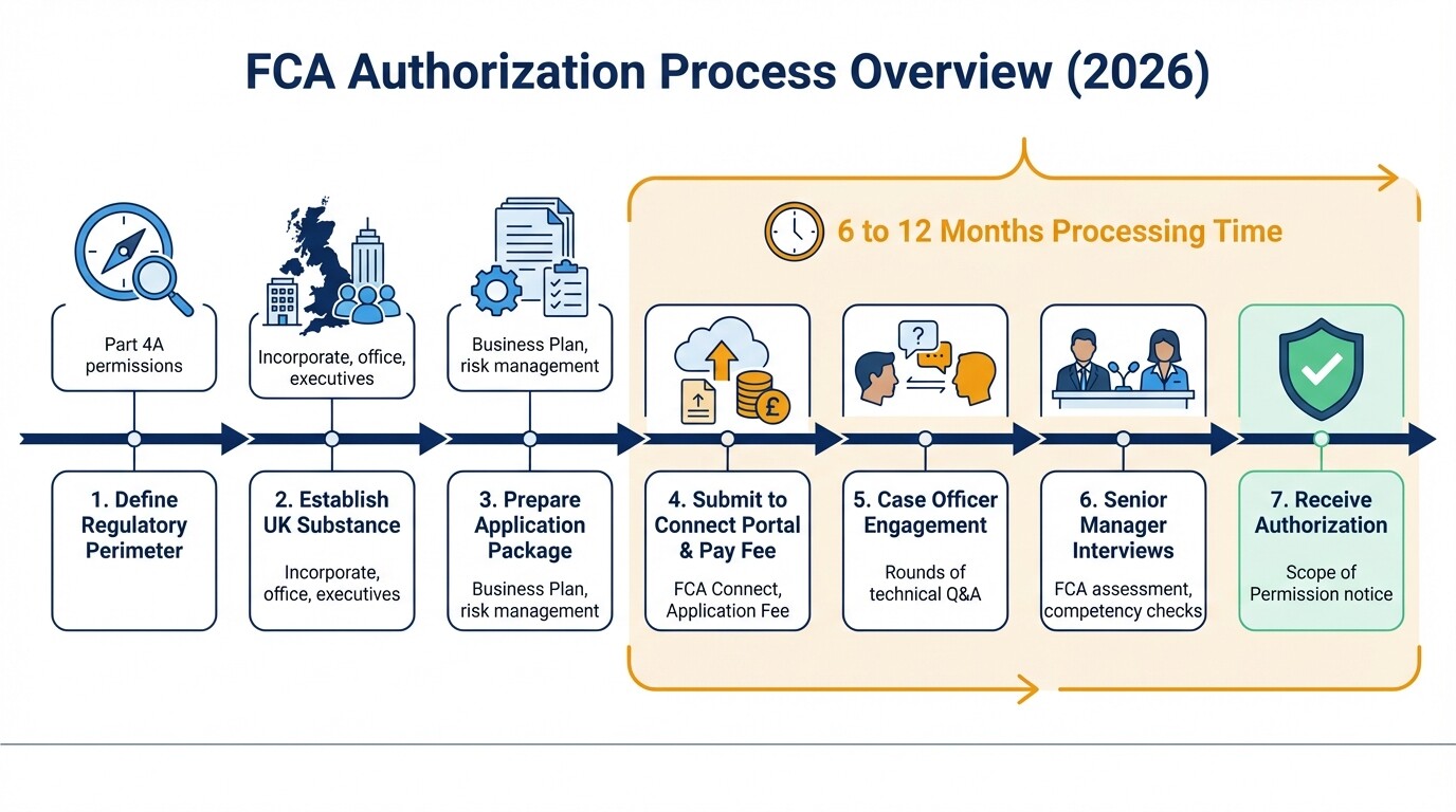 7-step timeline infographic showing the FCA authorization process and 6 to 12 month timeframe