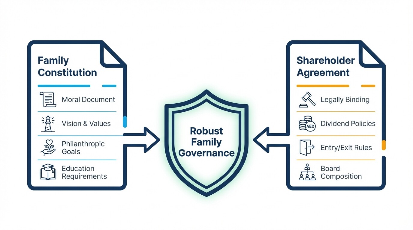 Diagram showing the relationship between family constitutions and legally binding shareholder agreements