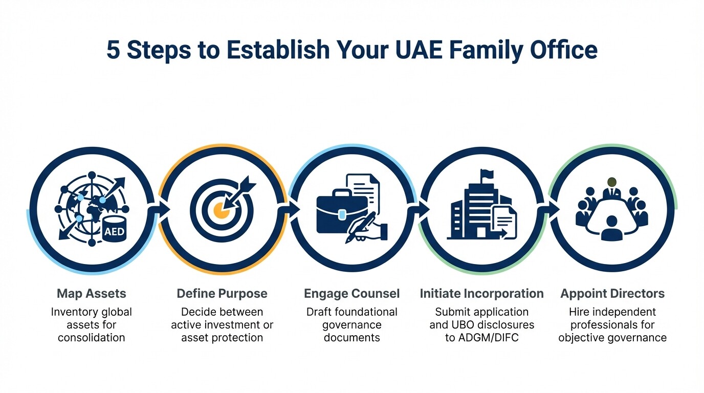 5-step infographic showing the roadmap to establish a family office in the UAE