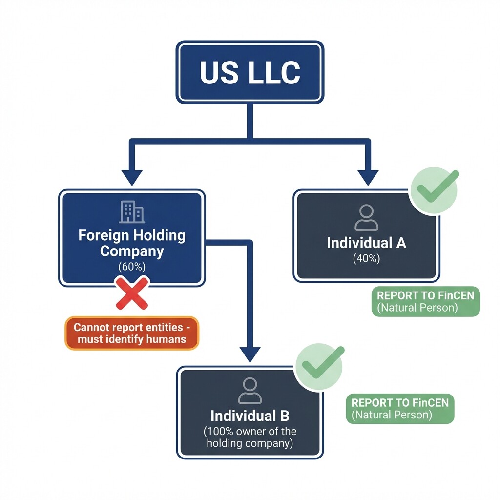 Diagram showing how to trace beneficial ownership through a foreign holding company to reportable natural persons
