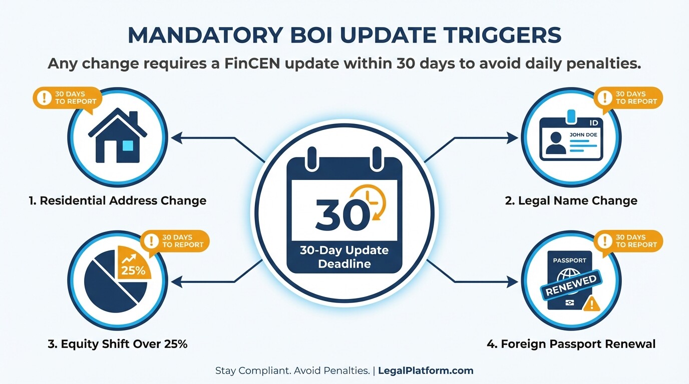 Infographic showing the four main triggers requiring a 30-day BOI report update
