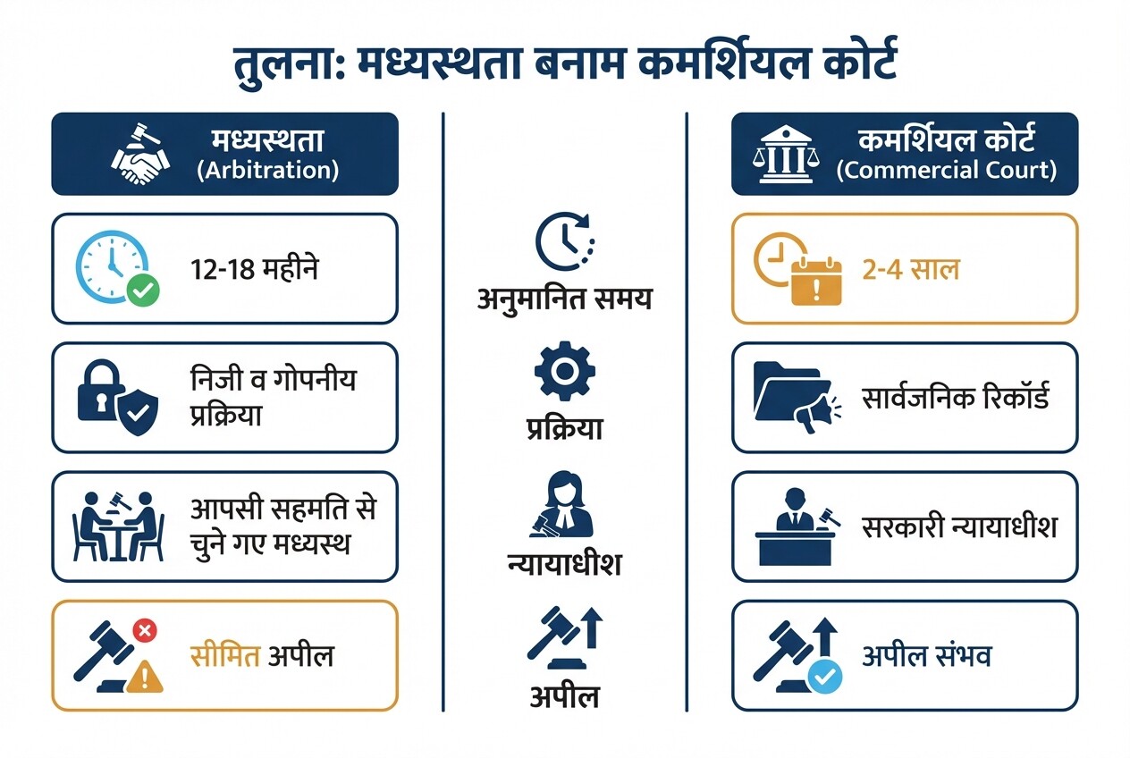 व्यावसायिक विवादों के लिए मध्यस्थता बनाम कमर्शियल कोर्ट की विस्तृत तुलना