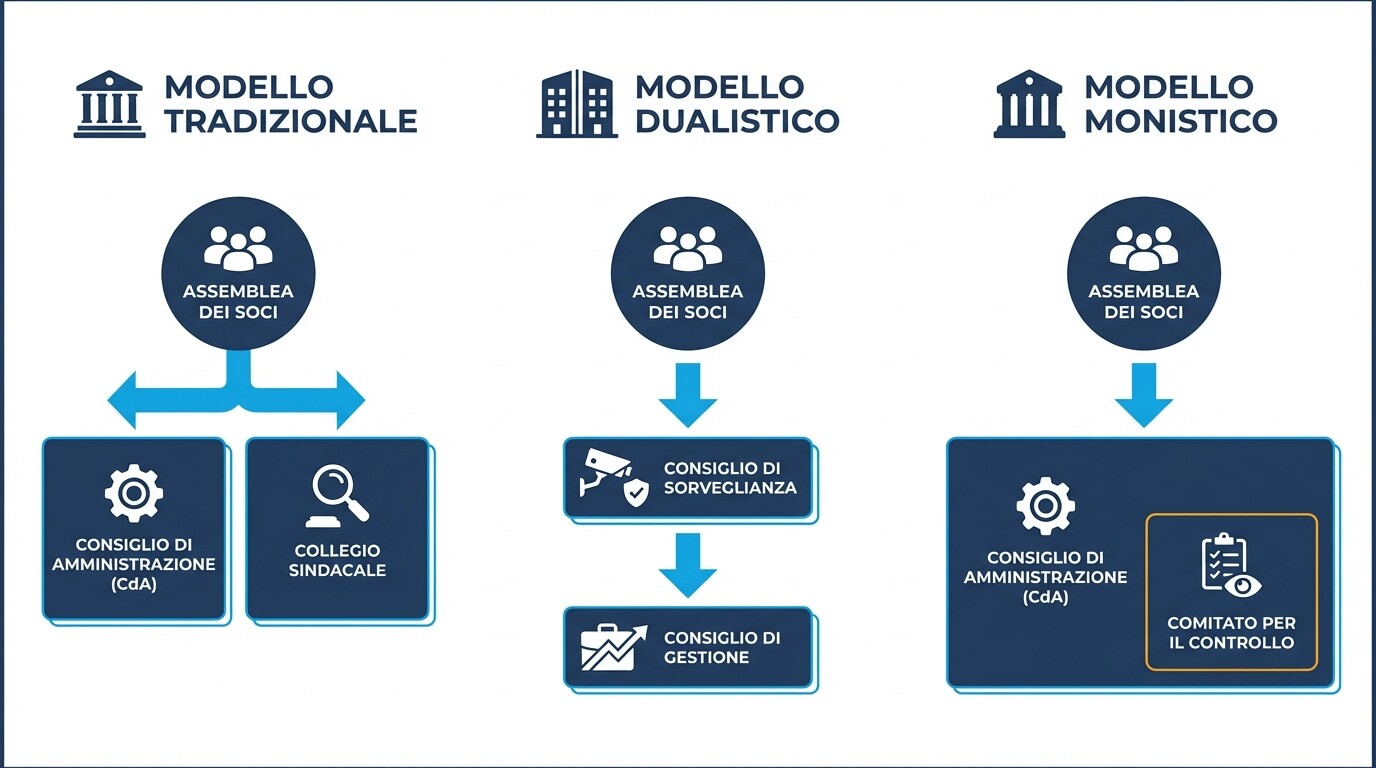 Organigramma dei tre modelli di governance societaria in Italia: tradizionale, dualistico e monistico