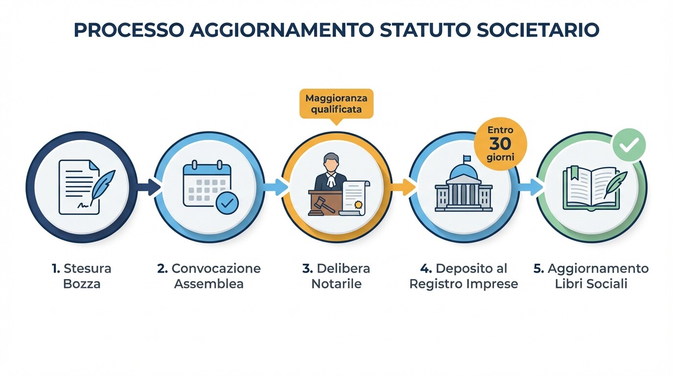 Timeline in 5 fasi per l'aggiornamento e la modifica dello statuto societario