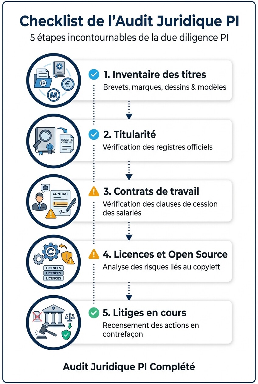 Infographie des 5 étapes clés de l'audit juridique de la propriété intellectuelle lors d'une fusion