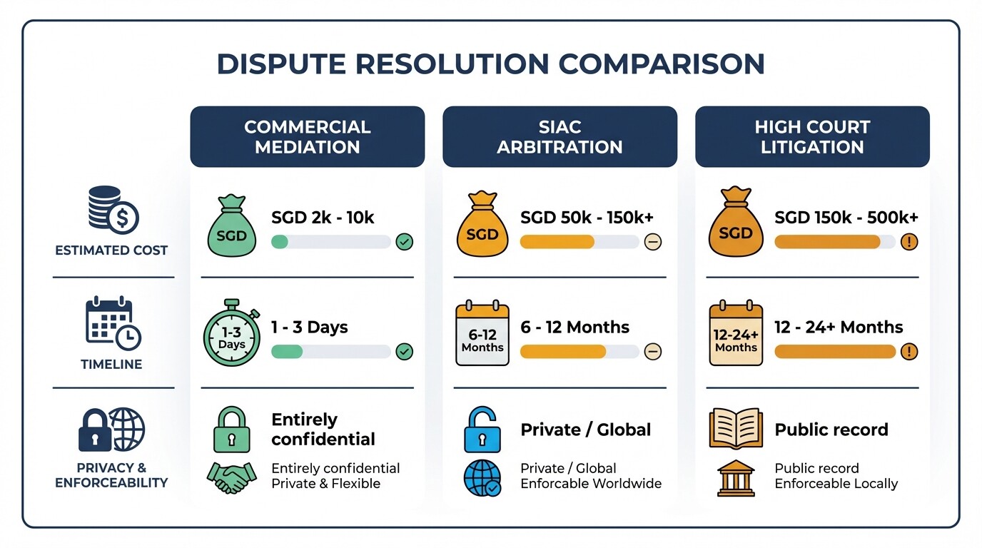 Comparison chart showing costs, timelines, and privacy of mediation, arbitration, and litigation in Singapore