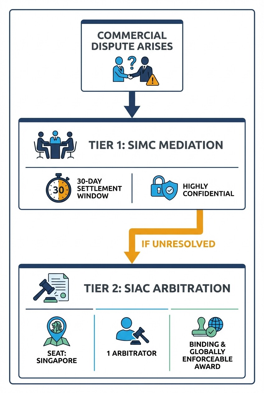 Flowchart diagram showing the tiered mediation and arbitration dispute resolution process