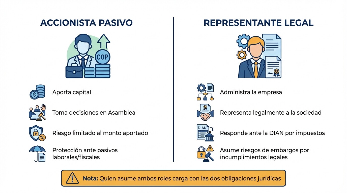 Comparación de responsabilidades legales entre un accionista pasivo y un representante legal en Colombia